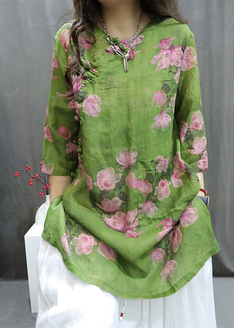 Handmade Pink O-neck Print Button Top Summer