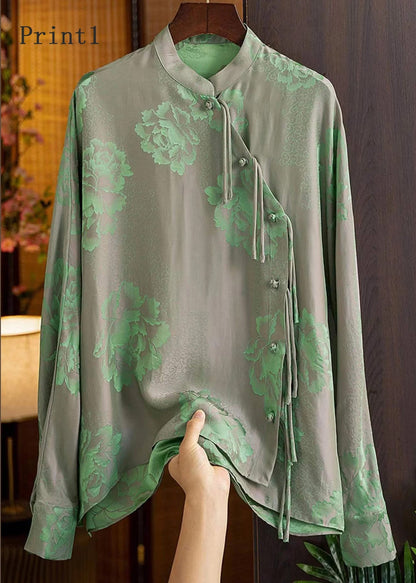 Yellow Text Mandarin Collar Button Print Silk Shirt Top Spring