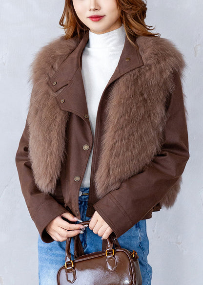 Coffee V Neck Warm Leather and Fur Waistcoat Winter