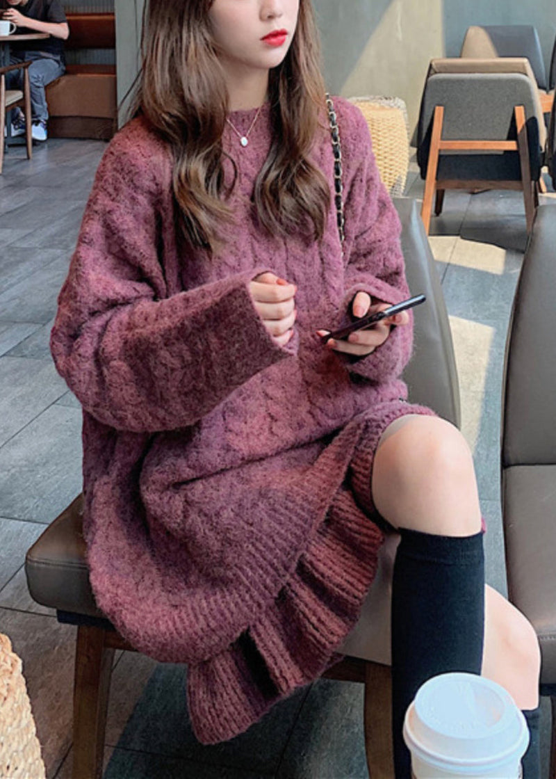 Dull Purple Thick Cable Knit Sweater and Skirt Two Pieces Set Spring