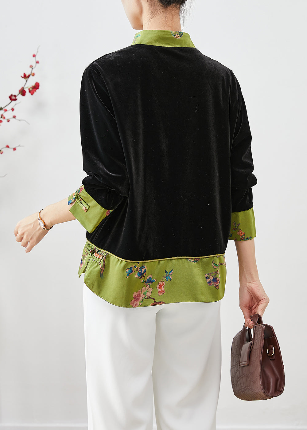 Black Mandarin Collar Patchwork Silk Velour Fake Two Piece Coats Fall