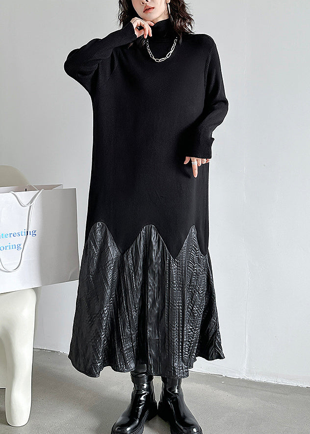 Black High Neck Patchwork Knit Long Dresses Fall