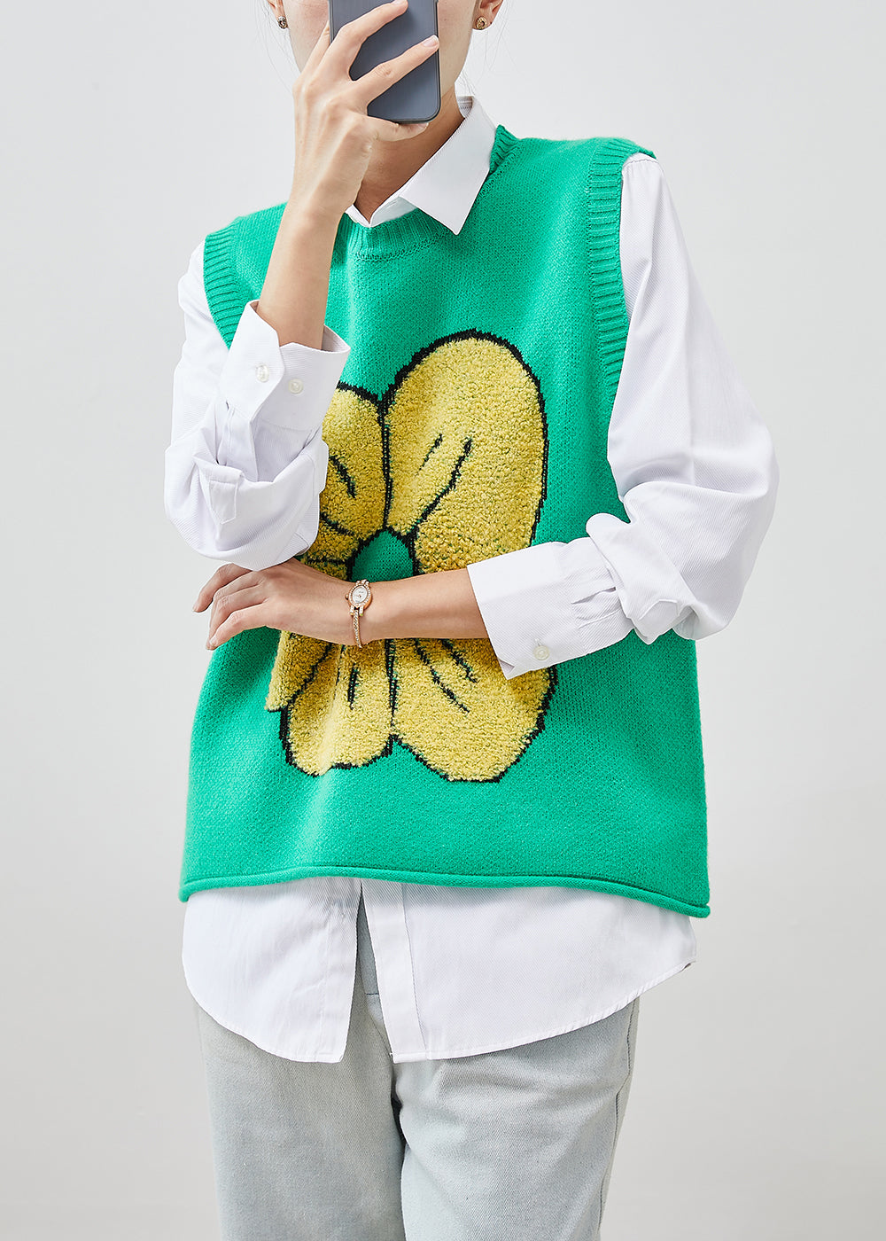 Green Jacquard Knit Vest Tops Spring