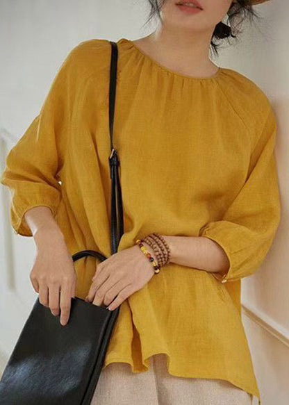 Yellow O-neck Embroidered Patchwork Linen Shirt Spring