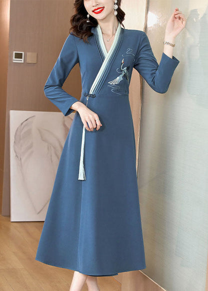 Blue Embroideried Button Long Dress Long Sleeve