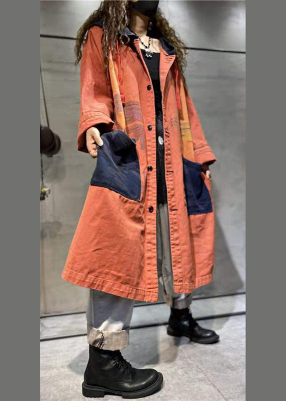 Handmade Orange Pockets Button Fall Denim Long Sleeve Coat