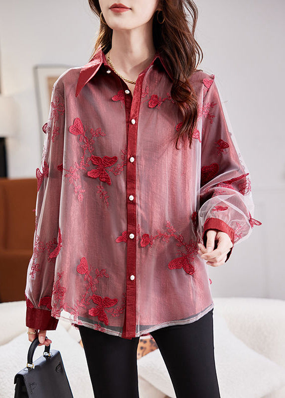 New Red Peter Pan Collar Embroidered Tulle Shirts Fall