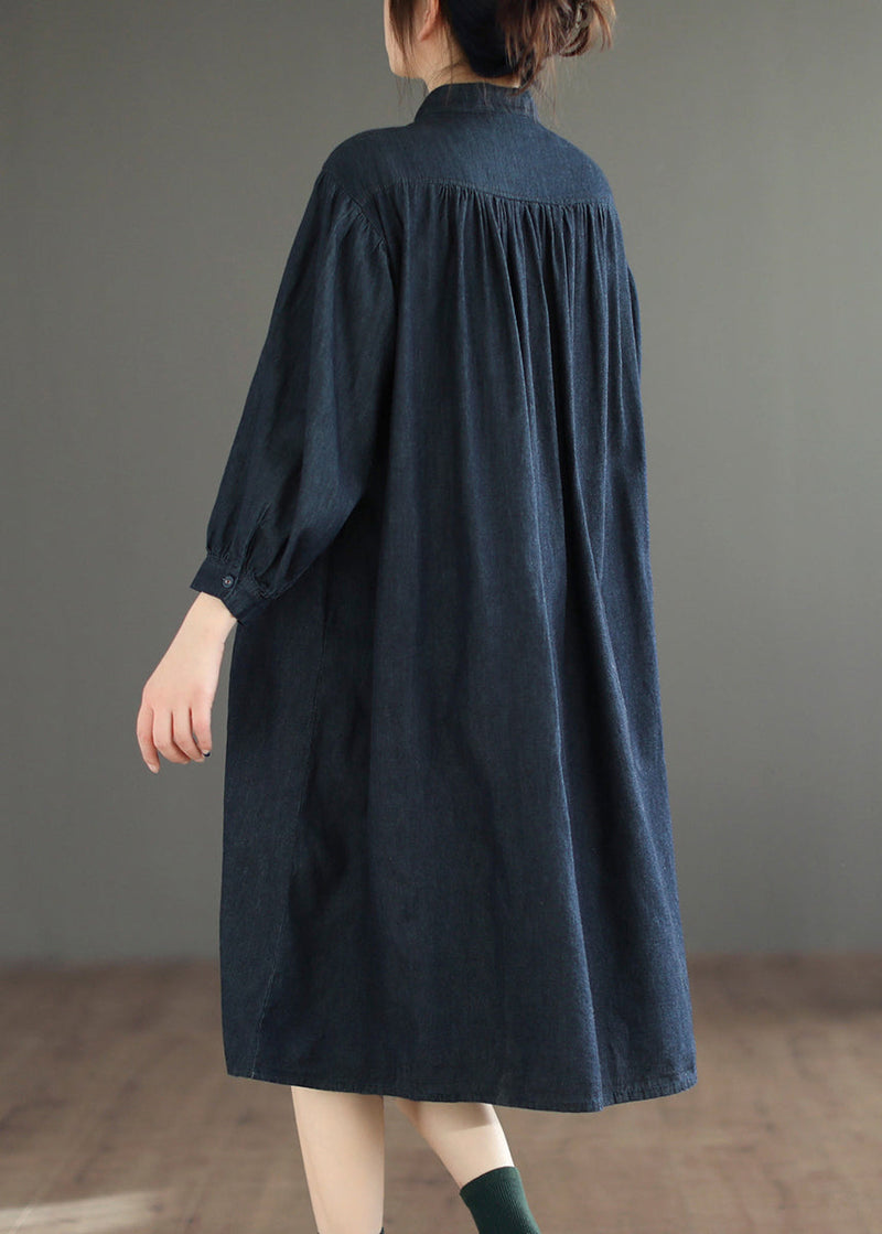 Simple Navy Button Wrinkled Patchwork Denim Shirts Dress Fall