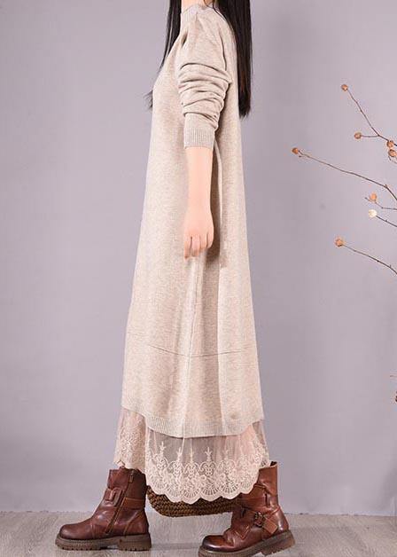 French O Neck Patchwork Lace Spring Clothes for Sewing Beige Robe Dresses