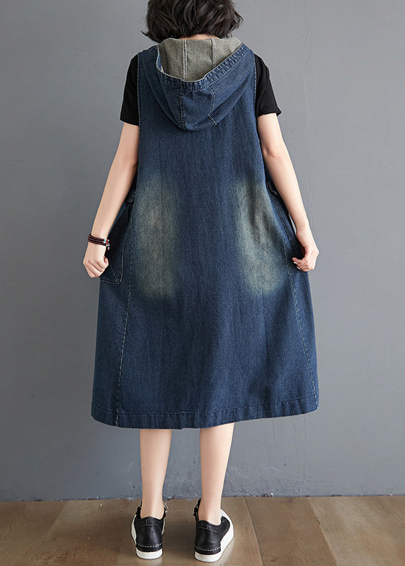 Modern Blue Hoodedpockets Patchwork Denim Waistcoat Long Dress Sleeveless