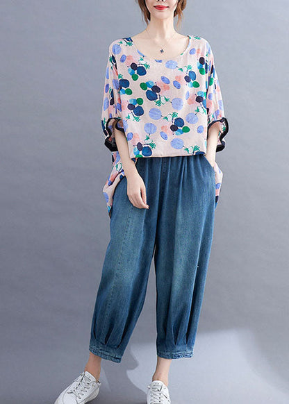 Style Pink O-neck Print Asymmetrical Design Ruffled Fall Half Sleeve Top