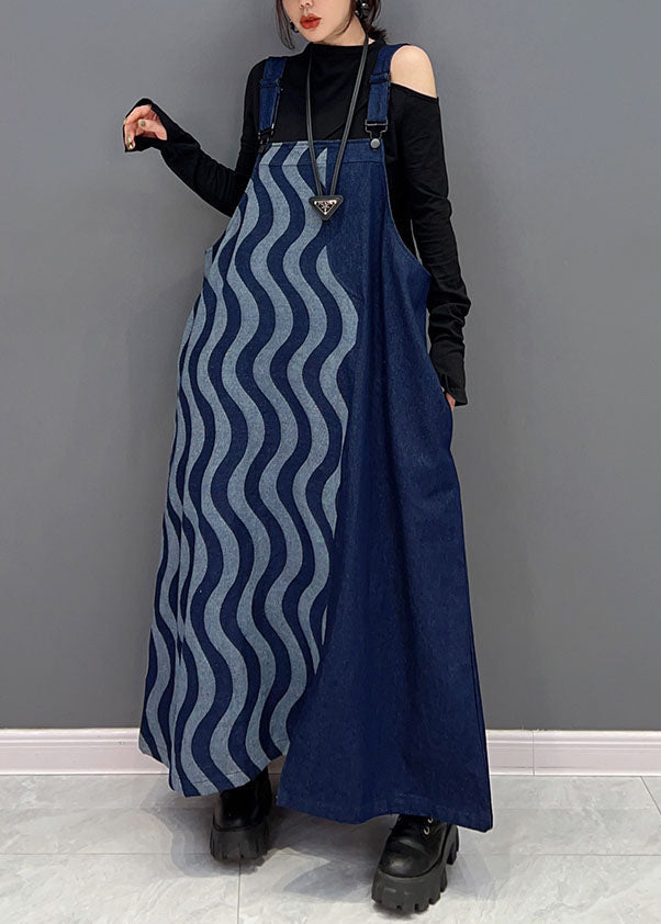 Blue Patchwork Cotton Denim Strap Dresses Spring