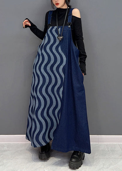 Blue Patchwork Cotton Denim Strap Dresses Spring