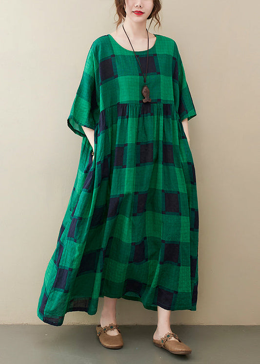 Green Plaid O-neck Pockets Wrinkled Long Dresses Half Sleeve