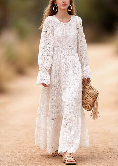 O Neck Embroidered Hollow Out Lace Long Dresses Spring