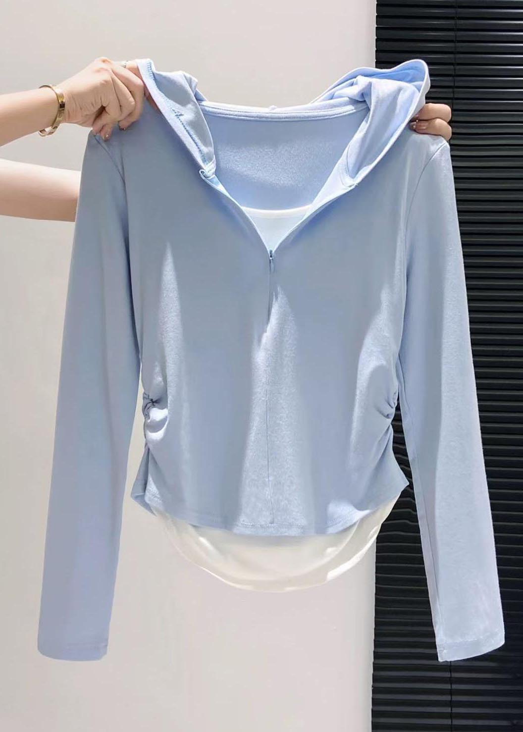 Style Sky Blue Hooded Patchwork Cotton Fake Two Piece Sweatshirt Fall