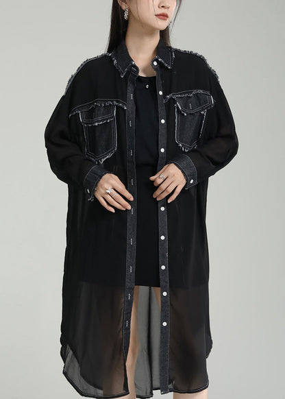 Unique Black Peter Pan Collar Pockets Patchwork Chiffon Upf 50+ Coats Summer