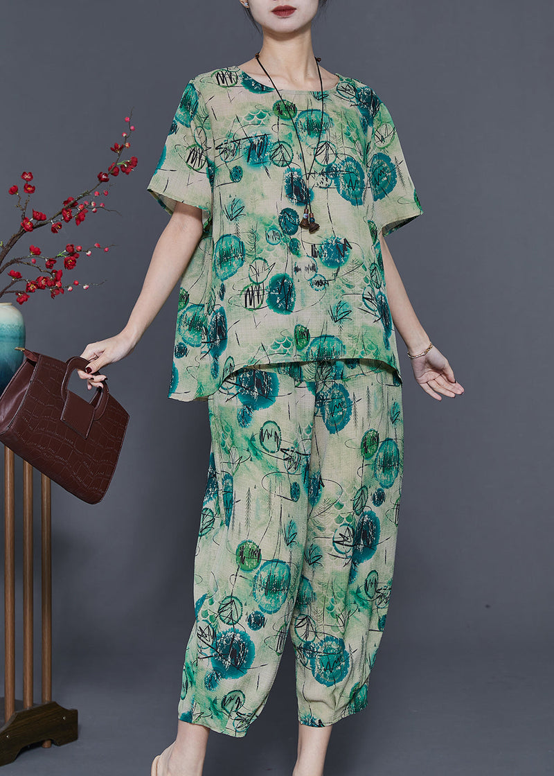 Green Oversized Print Linen Two Piece Set Summer