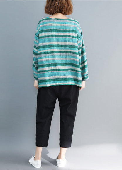 Art Blue O Neck Striped Print Cotton Blouse Top Spring