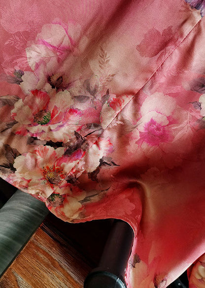 Red O Neck Print Silk Tops Lantern Sleeve