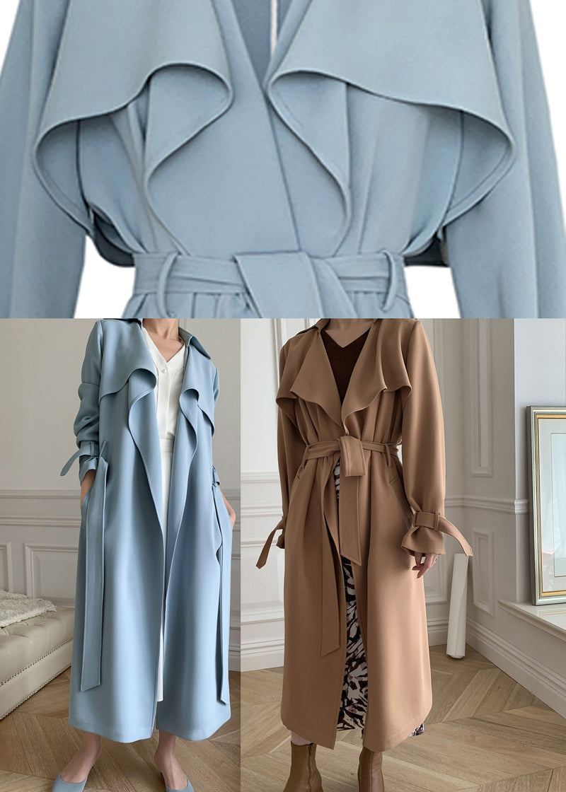 Boutique Blue Peter Pan Collar Pockets Trench Coats Long Sleeve Fall