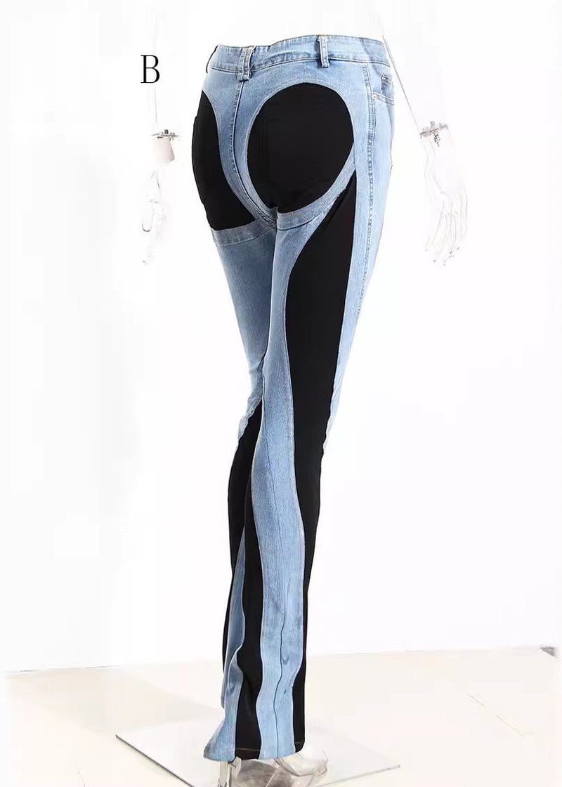 Hollow Out Tulle Patchwork Denim Trousers Fall
