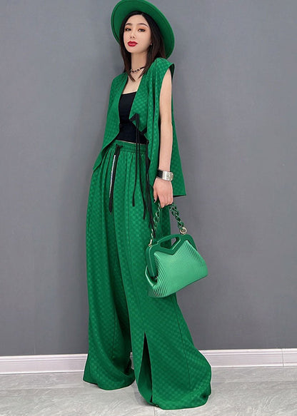 Classy Green Plaid Side Open Chiffon Vest and Wide Leg Pants Two Piece Set Outfits Summer
