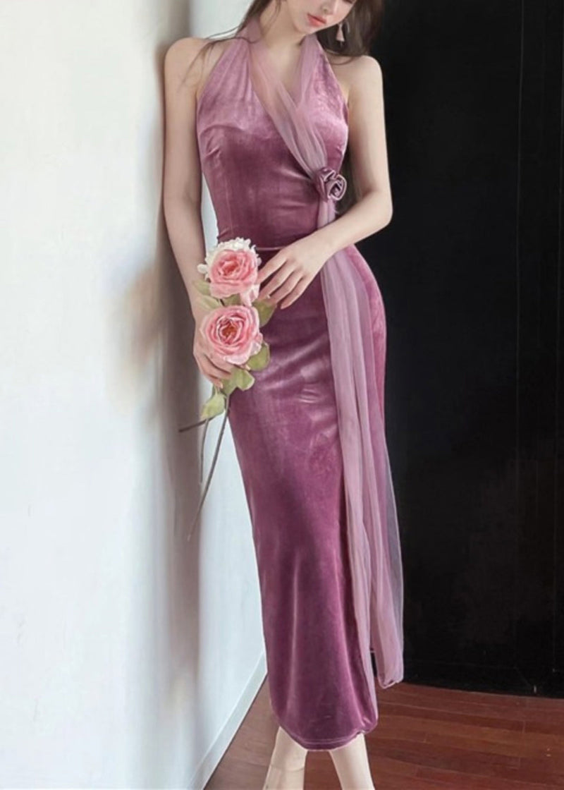 Black V Neck Tulle Patchwork Backless Silk Velour Long Dress Summer