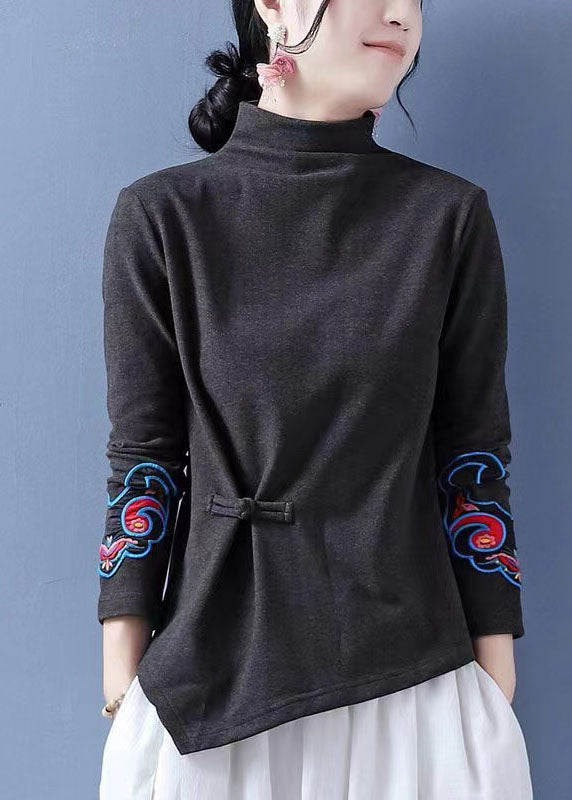 Chocolate Embroideried Ammetrical Design Chinese Button Cotton Tops Spring