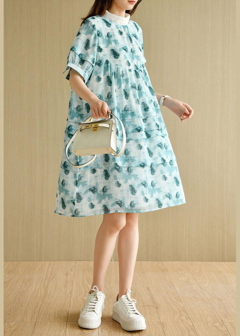 Green Peter Pan Collar Print Summer Cotton Dress Short Sleeve