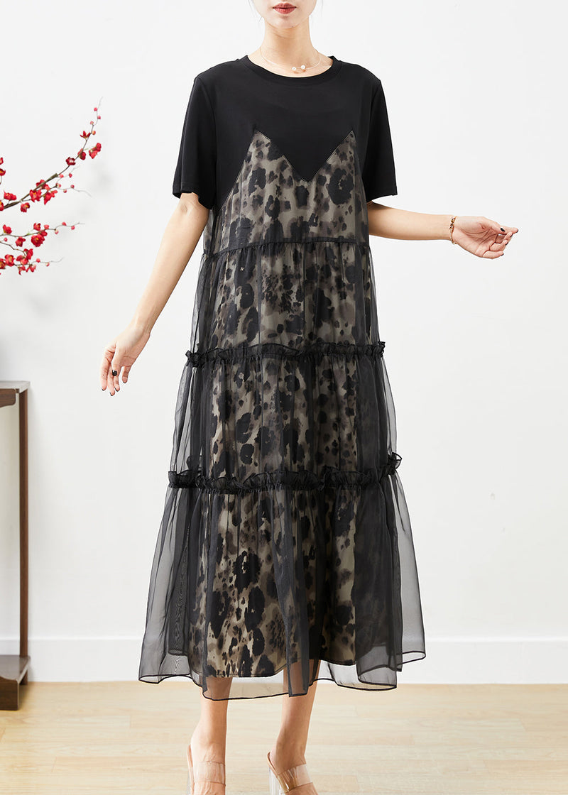 Black Ruffled Tulle Patchwork Exra Large Hem Cotton Dress Summer