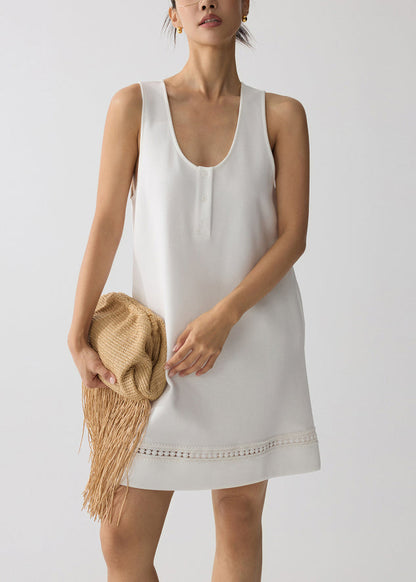 White U Neck Hollow Out Cotton Mini Dress Summer