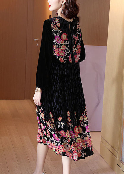Organic Black O-neck Patchwork Print Velour Dresses Spring