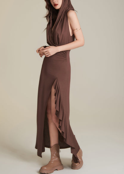 Chocolate Wrinkled Patchwork Holiday Hoode Long Dress Sleeveless
