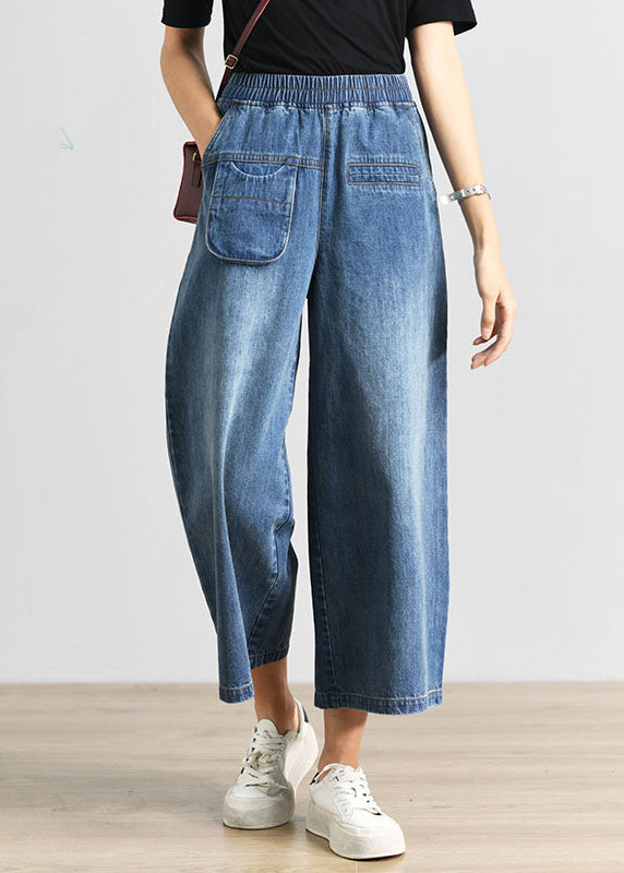 Denim Blue Elastic Waist Pockets Cotton Wide Leg Crop Pants Summer