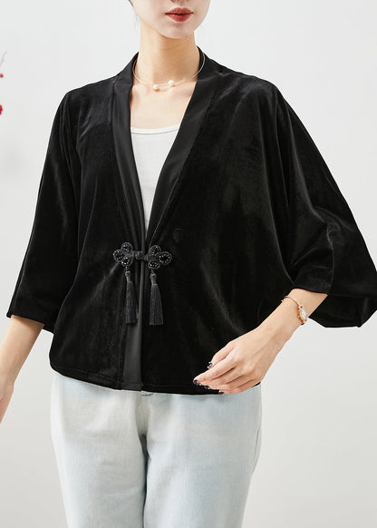 Black Tasseled Chinese Button Silk Velour Coats Fall