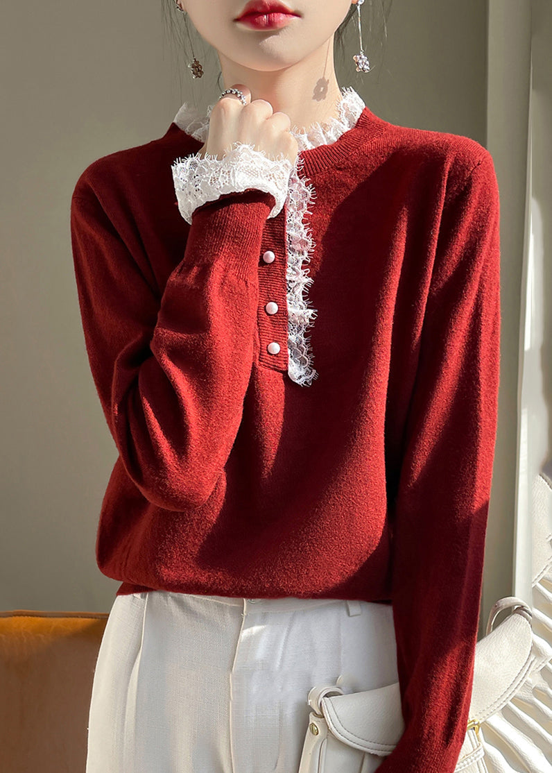 Red Lace Patchwork Wool Knit Sweaters Fall