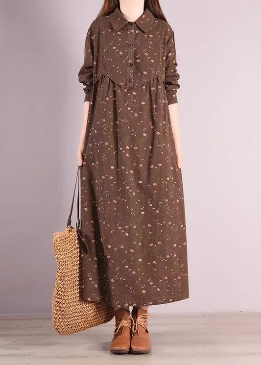 Coffee Peter Pan Collar Patchwork Cotton Dress Fall