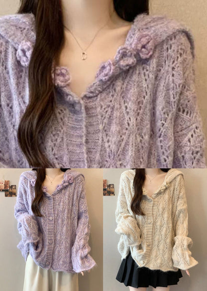 Loose Purple Sailor Collar Hollow Out Knit Cardigans Fall