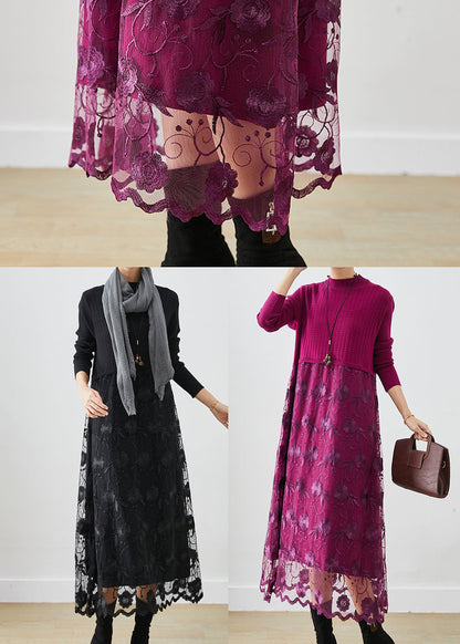 Black Patchwork Tulle Knit Holiday Dress Embroideried Fall