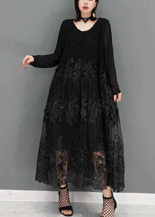 Loose Black O-neck Lace Vacation Dresses Long Sleeve
