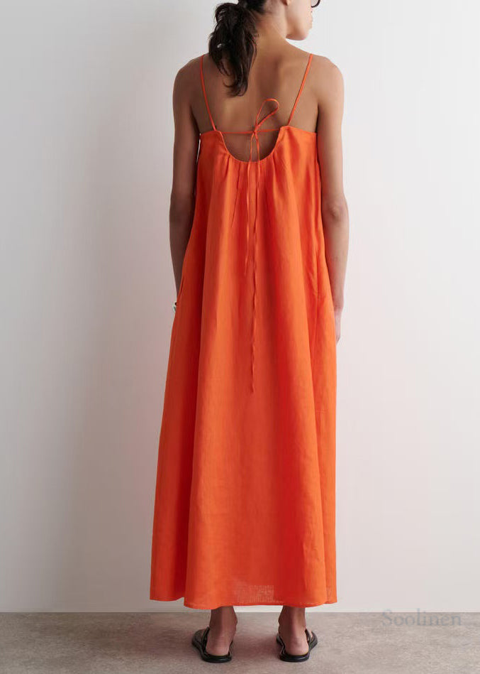 Orange Oversized Linen Spaghetti Strap Dress Summer