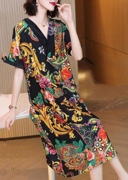 V Neck Print Silk Party Dress Short Sleeve
