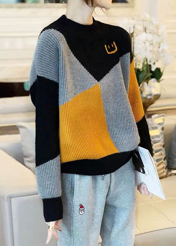 Colorblock O Neck Thick Patchwork Knit Sweaters Fall