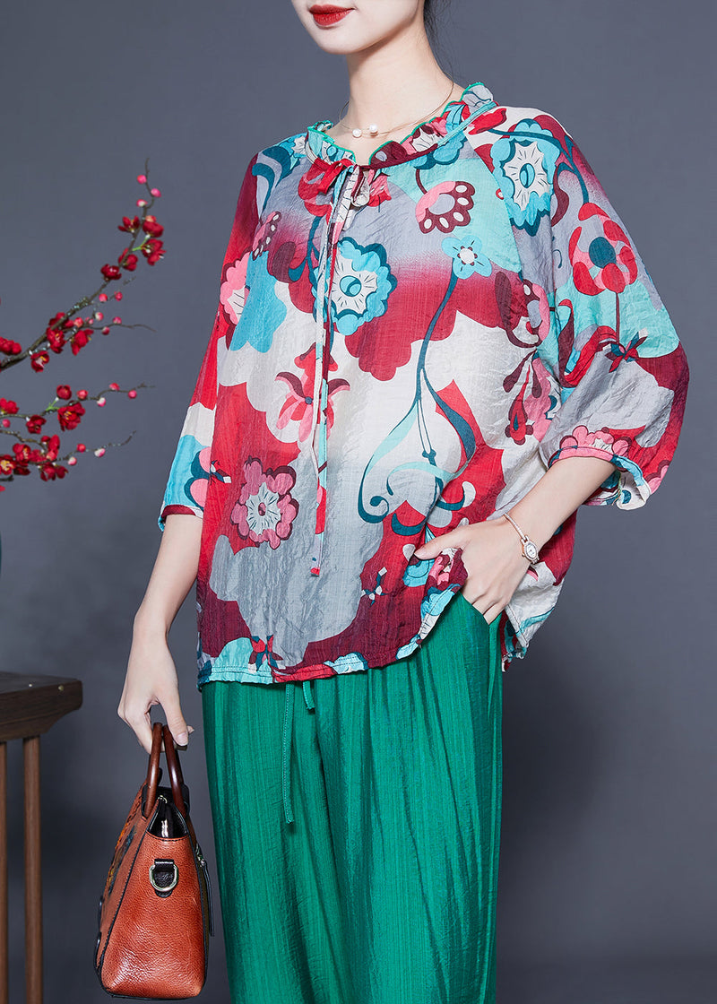 Ruffled Collar Print Cotton Linen Two Piece Set Clothing Spring