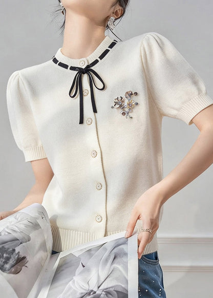 French White Peter Pan Collar Tie Lace Knit Top Short Sleeve Summer