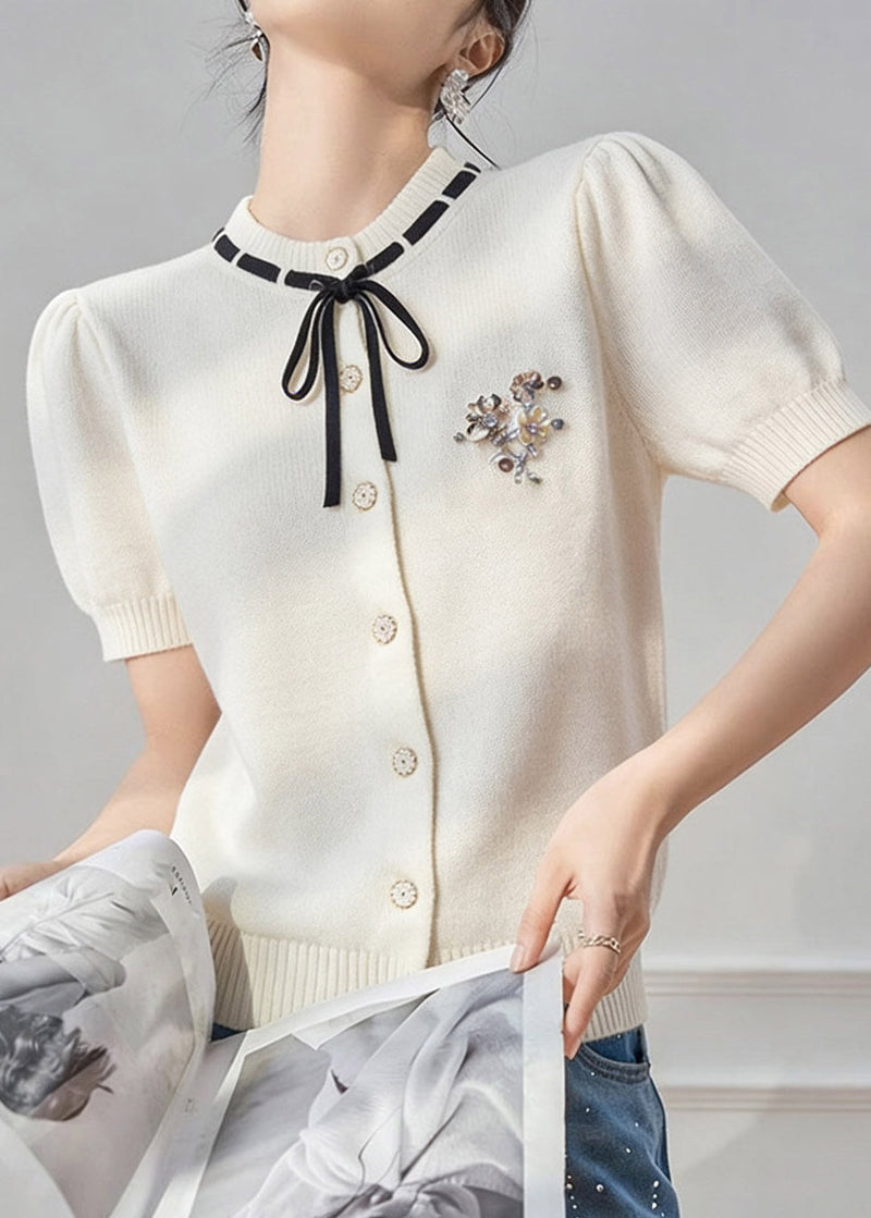 French White Peter Pan Collar Tie Lace Knit Top Short Sleeve Summer