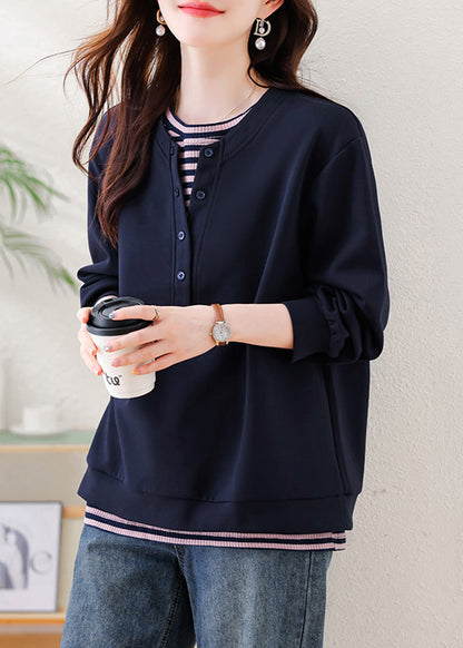 Navy Oversized Patchwork Cotton Sweatshirt Fall