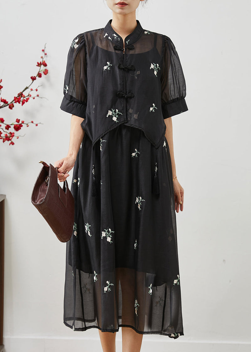 Boutique Black Embroidered Tasseled Chiffon Two Piece Set Clothing Summer