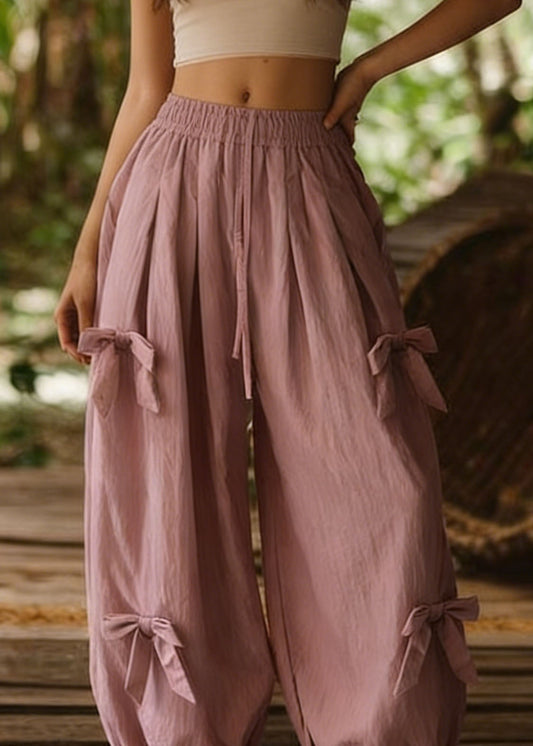 Loose Pink Bow Elastic Waist Cotton Lantern Pants Summer